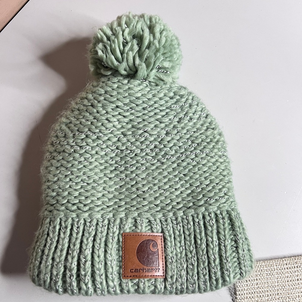 Carhartt Womens Sage Green Metallic Knit Pom Beanie Fleece Lined Winter Hat